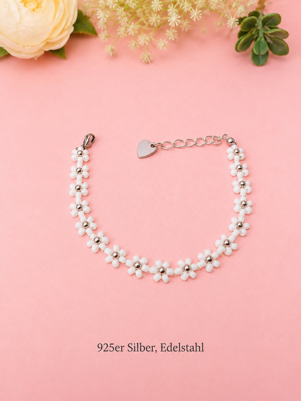 Blumenarmband Weiß-Silber