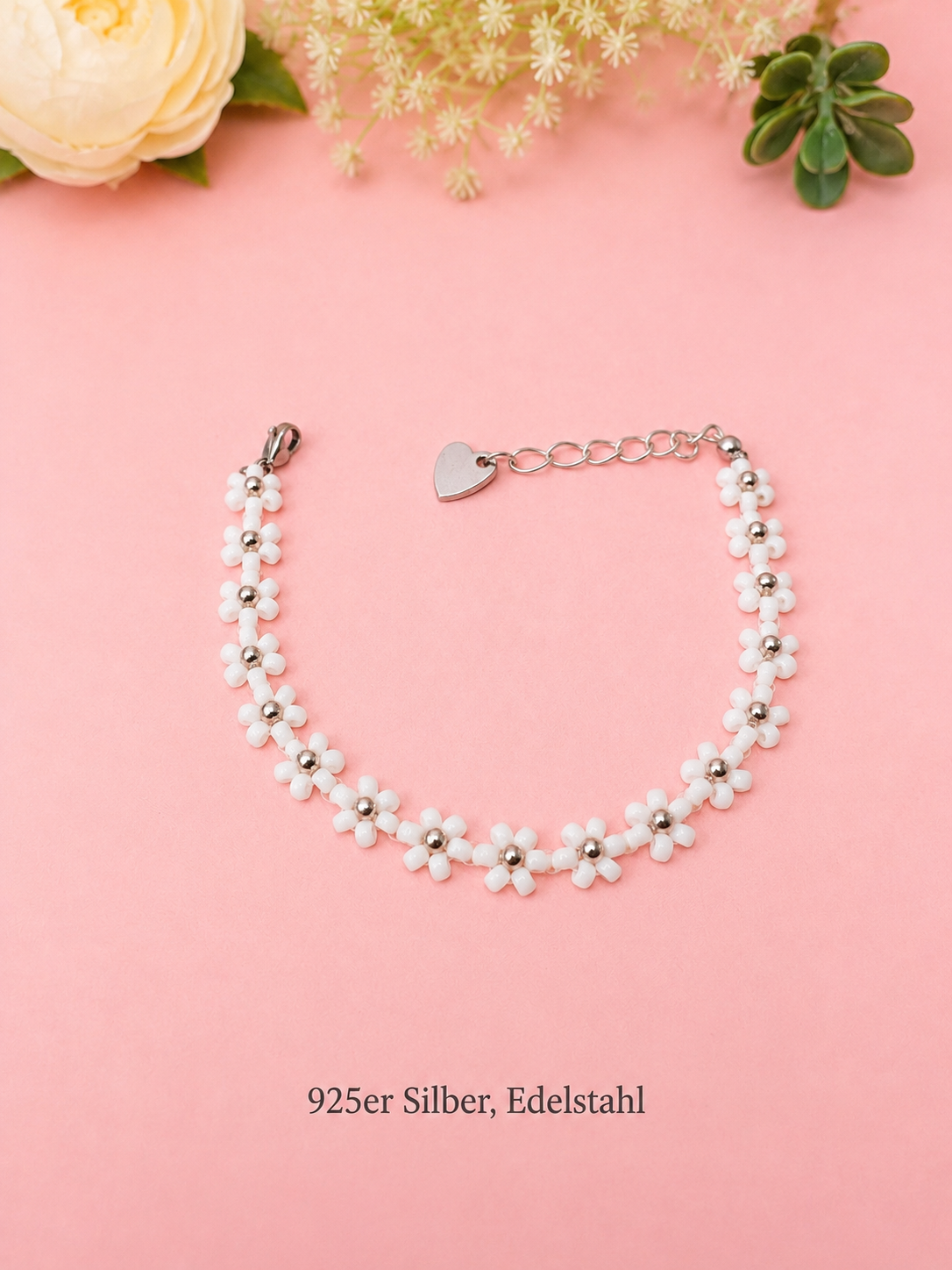 Blumenarmband Weiß-Silber
