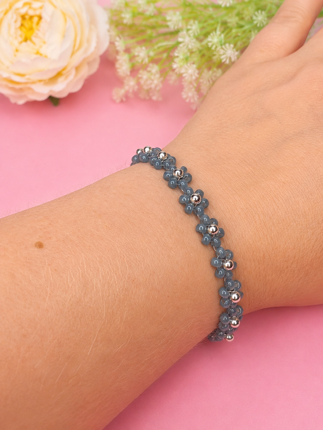 Blumenarmband Blau-Silber