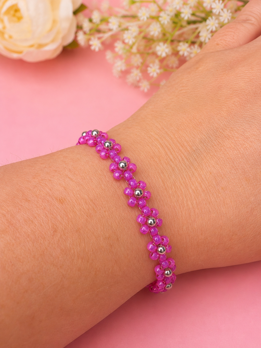 Blumenarmband Fuchsia-Silber