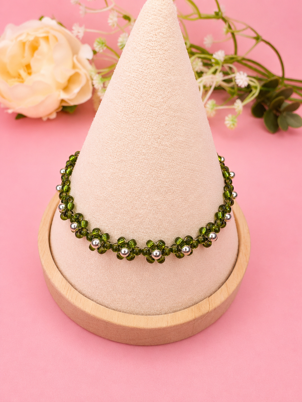 Blumenarmband Grün-Silber