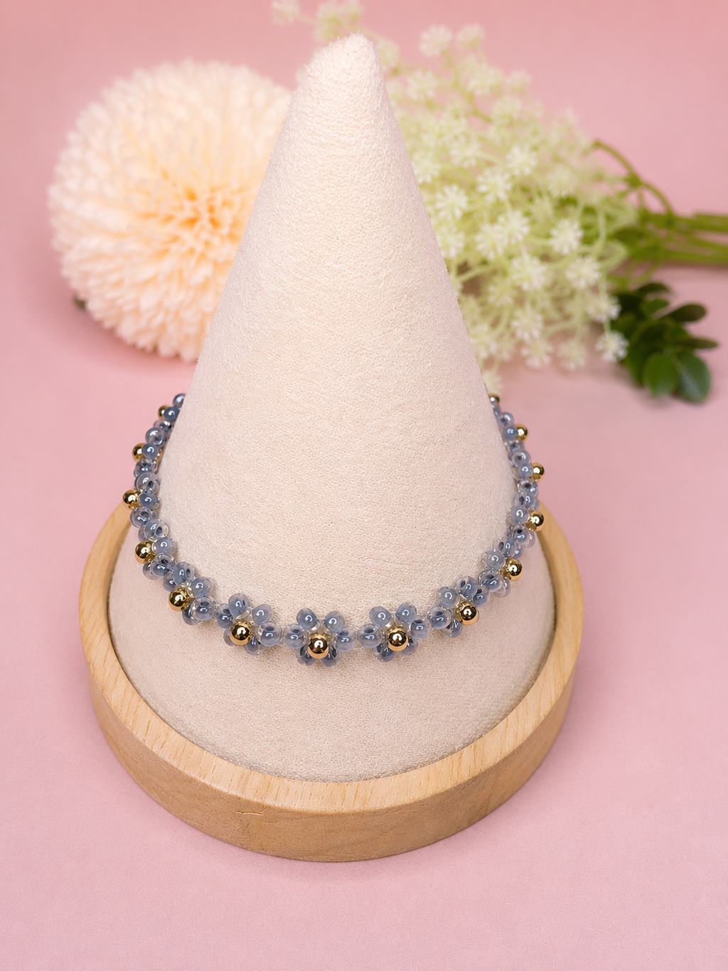 Blumenarmband Grau/Blau-Gold