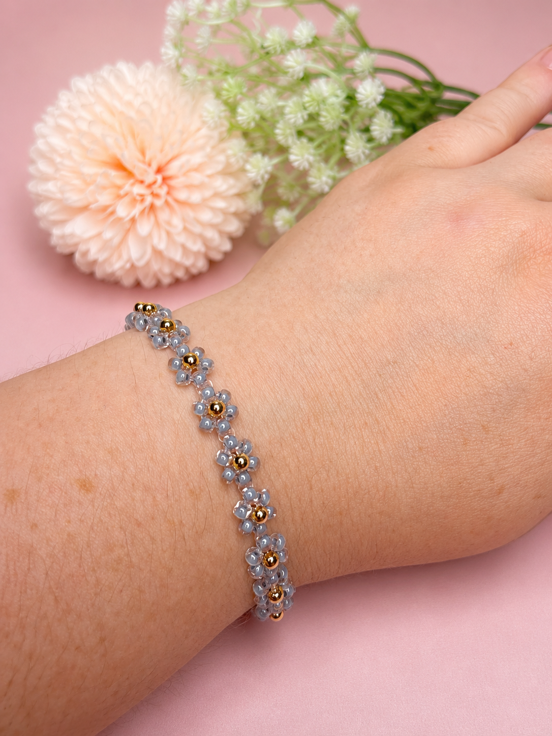 Blumenarmband Grau/Blau-Gold