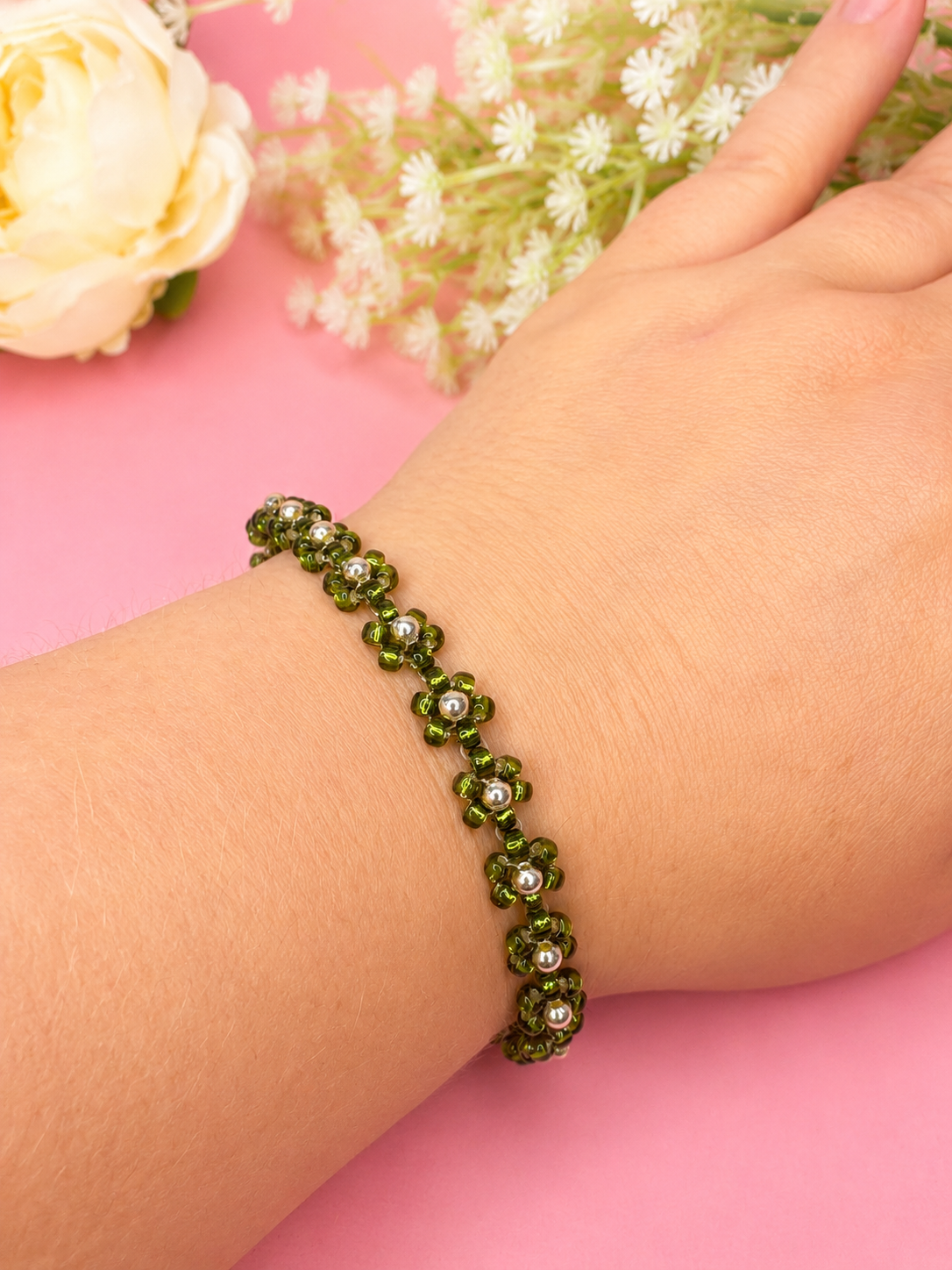 Blumenarmband Grün-Silber