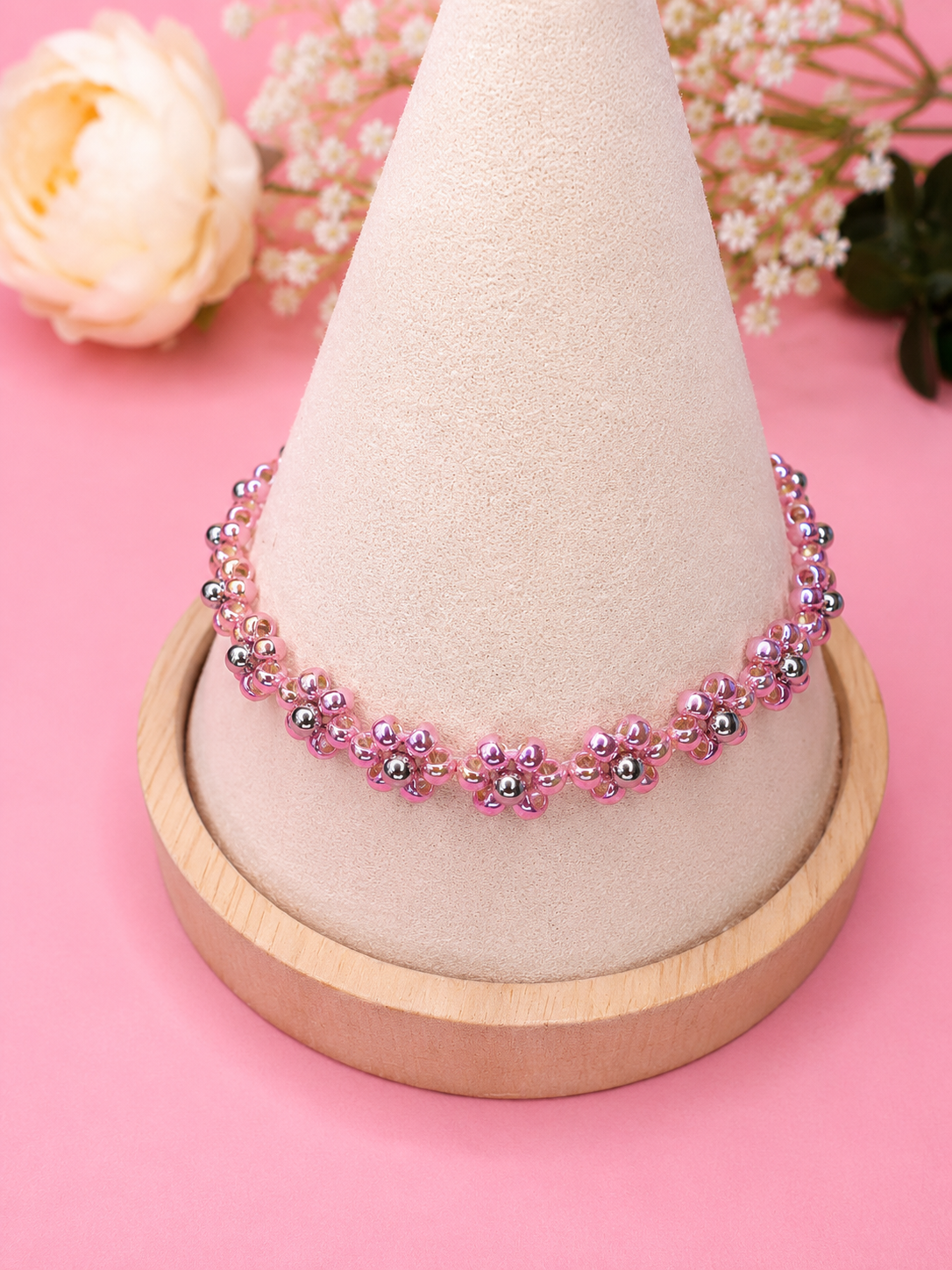 Blumenarmband Metallic Pink-Silber