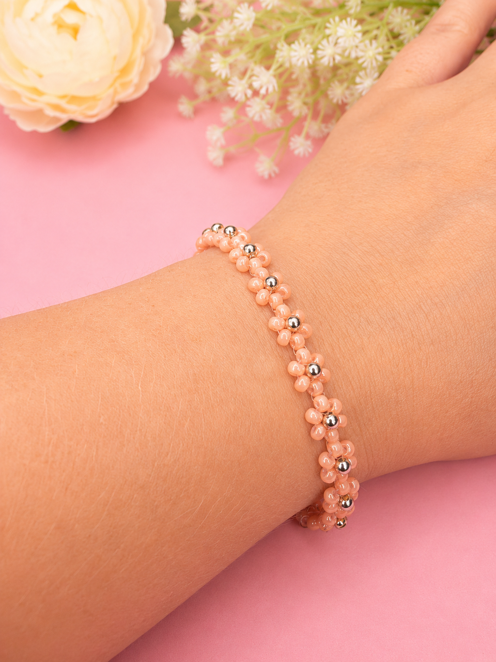 Blumenarmband Peach-Silber