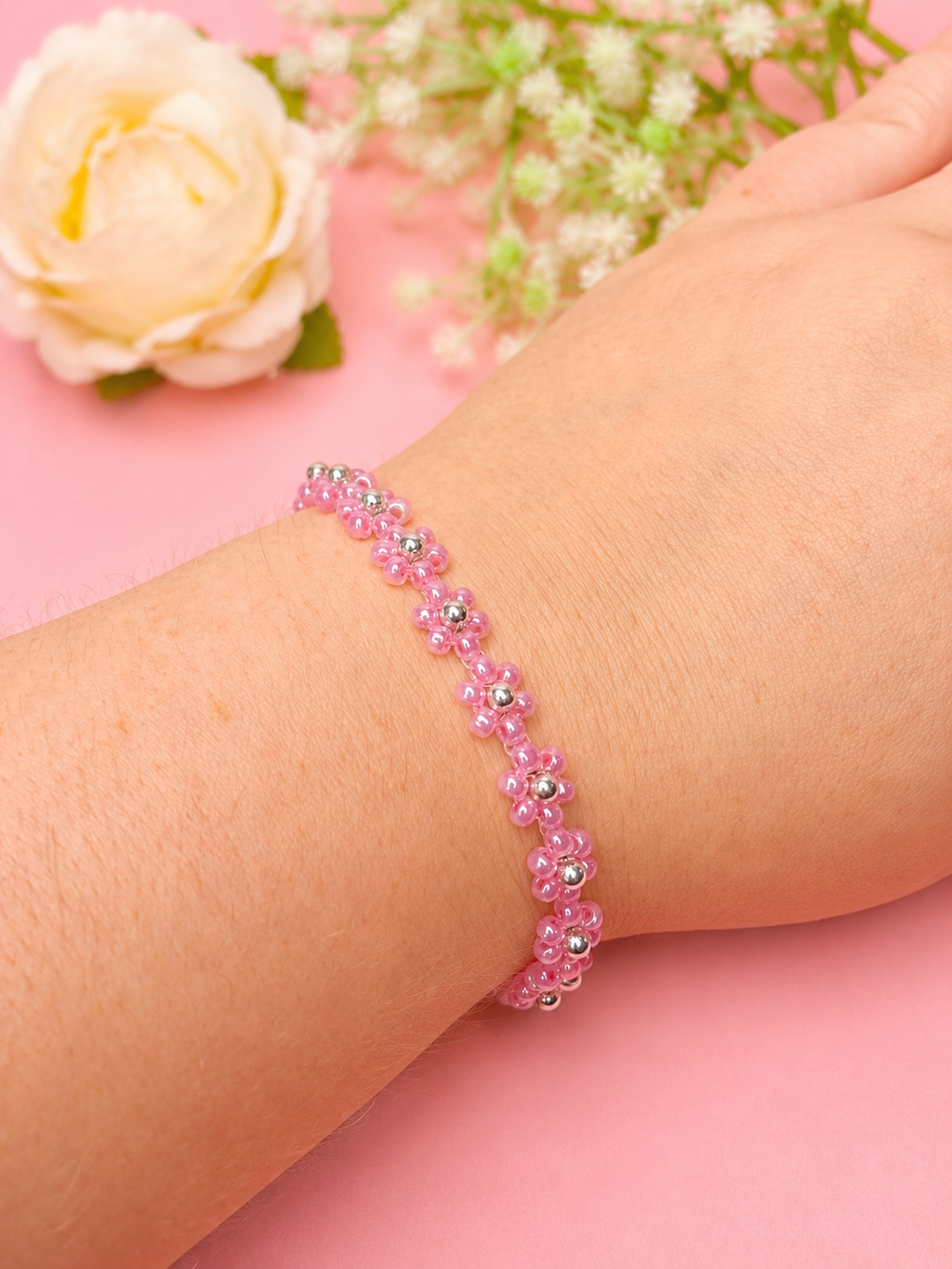 Blumenarmband Rosa-Silber