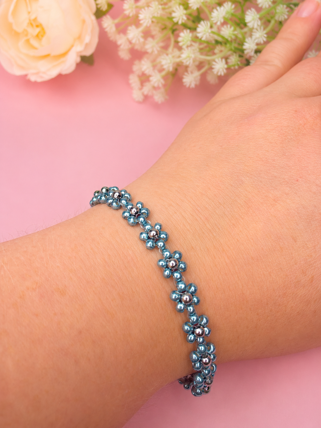 Blumenarmband Metallic Blau-Silber