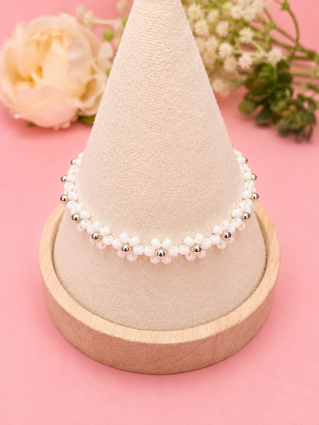 Blumenarmband Weiß-Silber