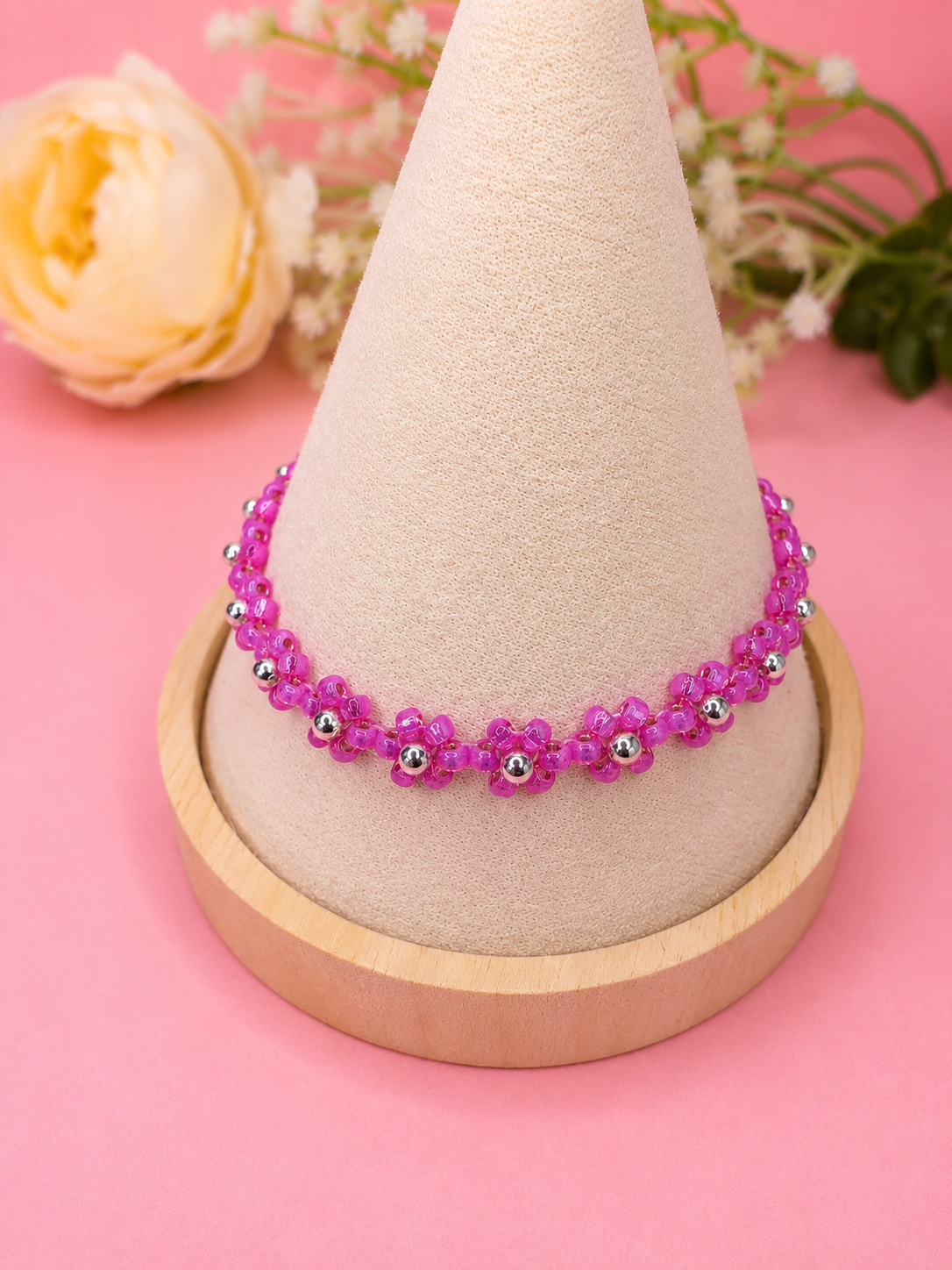 Blumenarmband Fuchsia-Silber