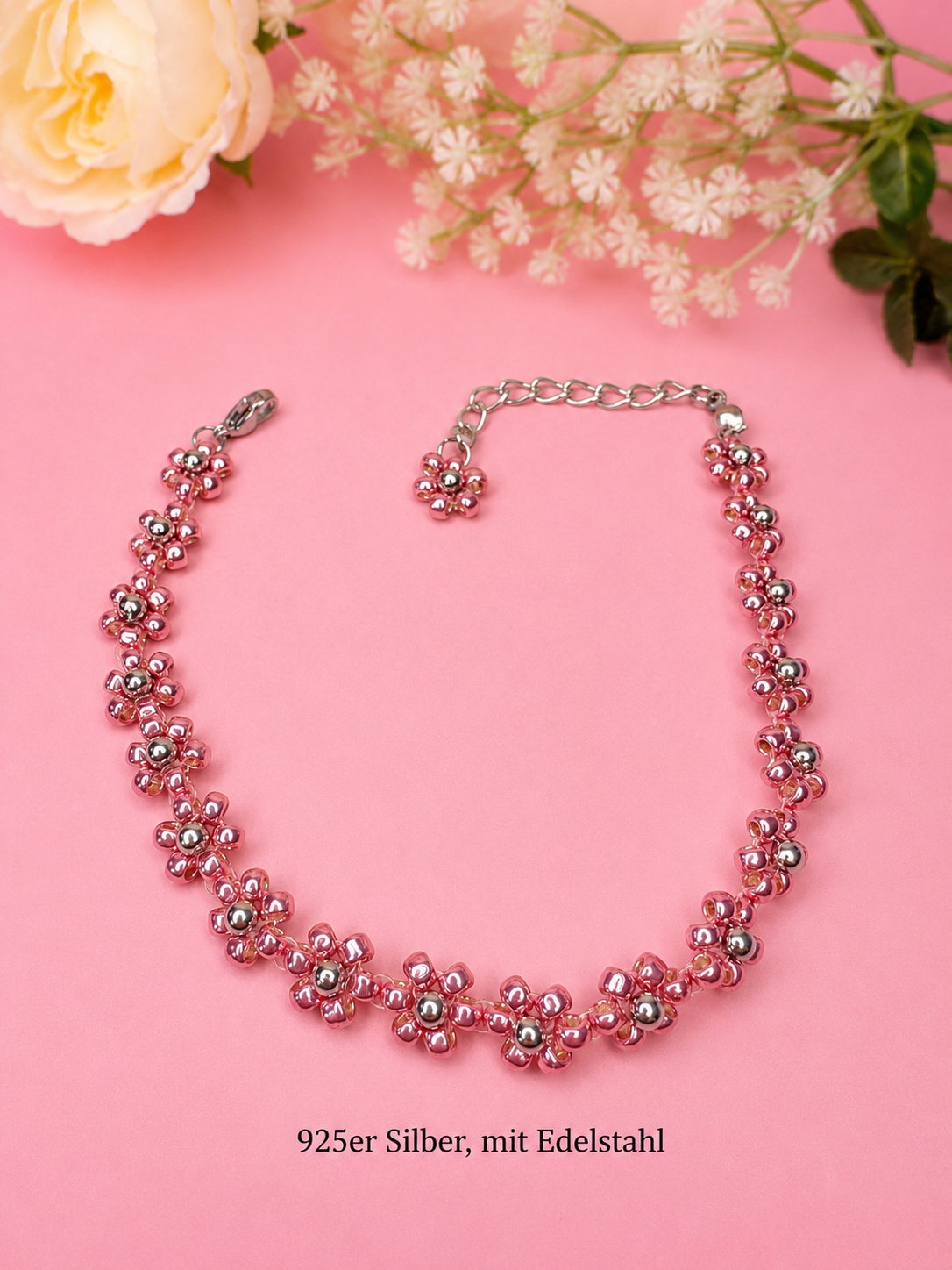 Blumenarmband Metallic Pink-Silber