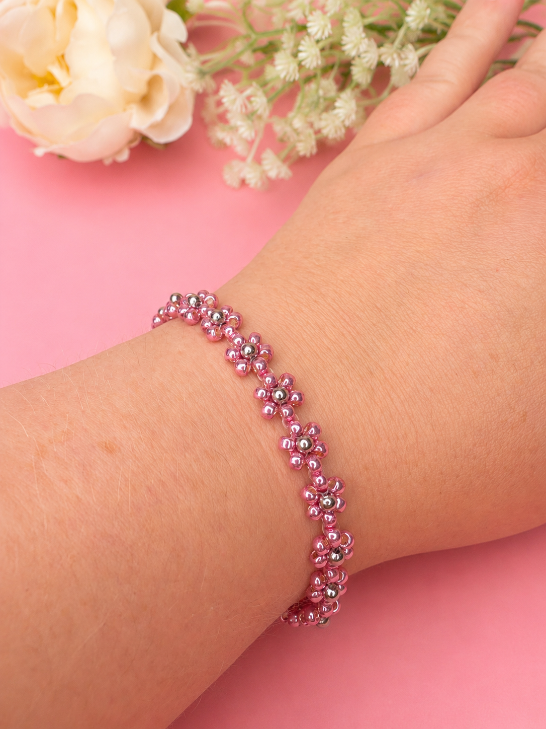 Blumenarmband Metallic Pink-Silber